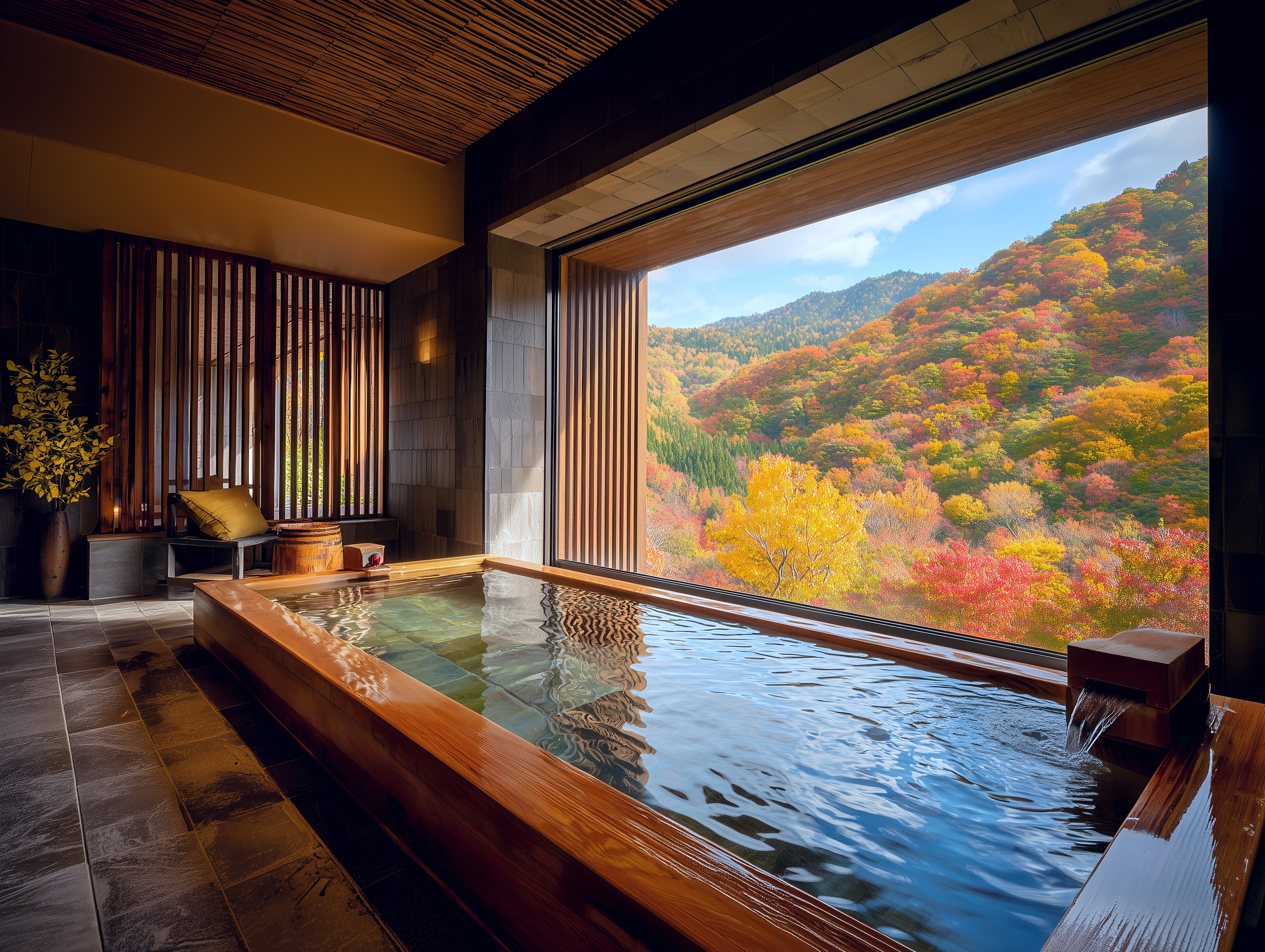 Wooden ryokan bath overlooking autumn mountains in Japan